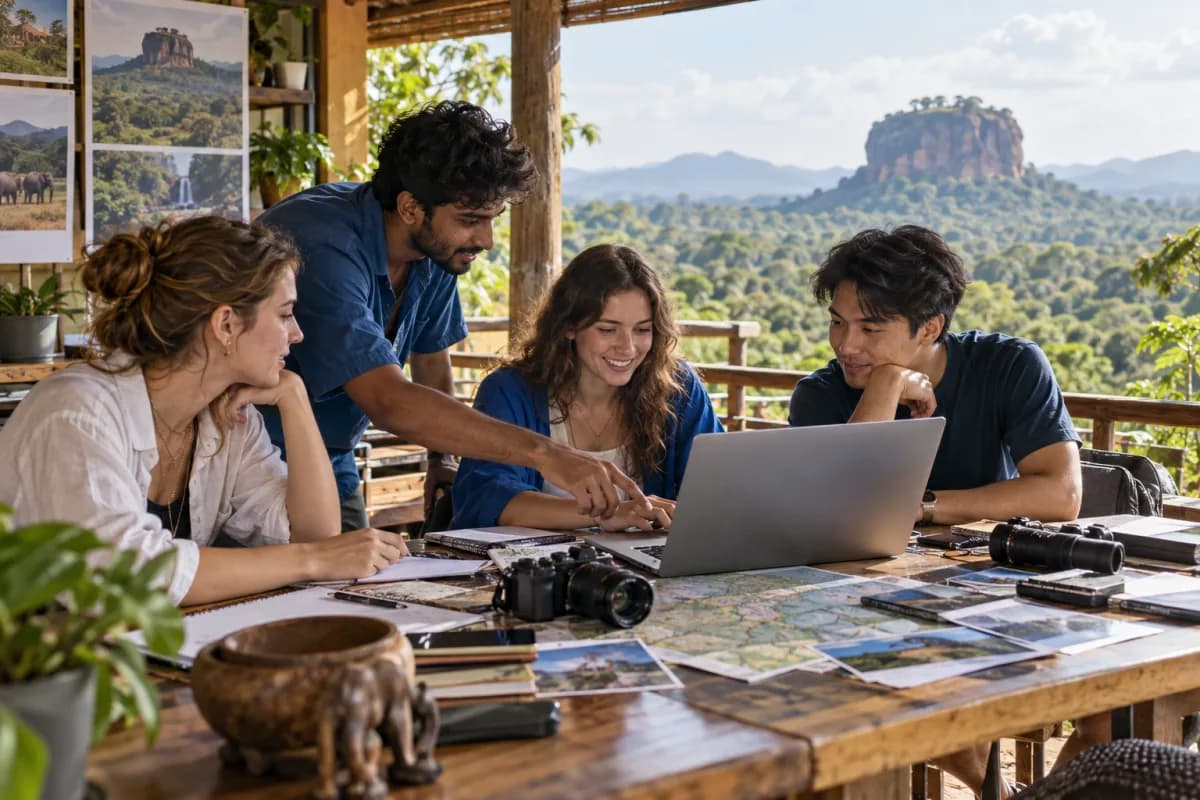 AI-generated concept image of volunteers creating digital media about travel in Sri Lanka