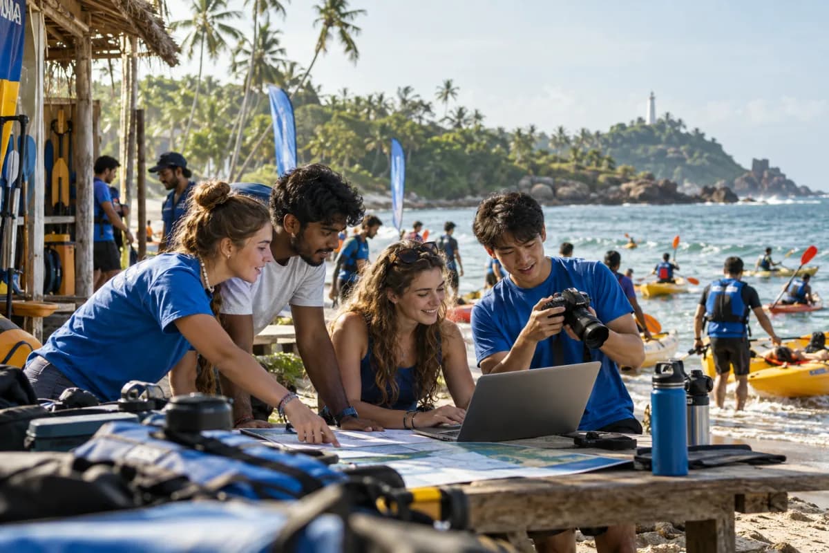 AI-generated concept image of volunteers planning and promoting a watersports event in Sri Lanka