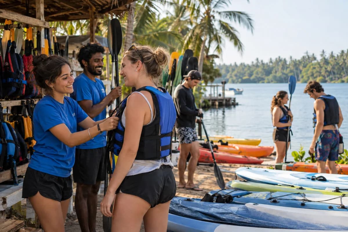 AI-generated concept image of volunteers welcoming visitors at a watersports centre in Sri Lanka