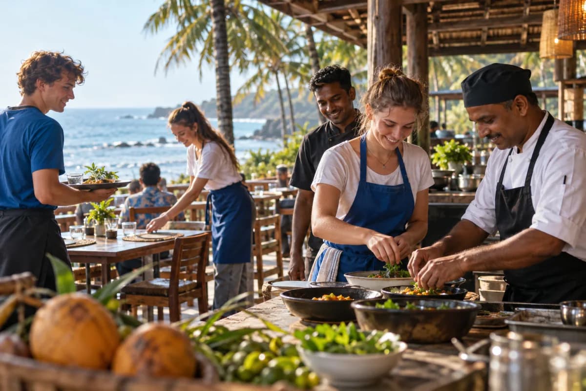 AI-generated concept image of volunteers learning hotel and restaurant operations beside the coast