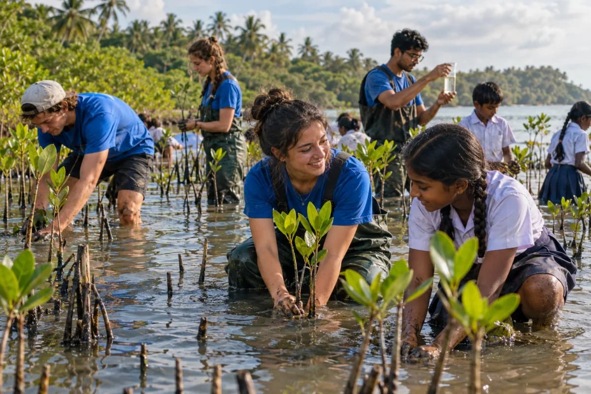 AI-generated concept image of volunteers and schoolchildren restoring a mangrove habitat in Sri Lanka