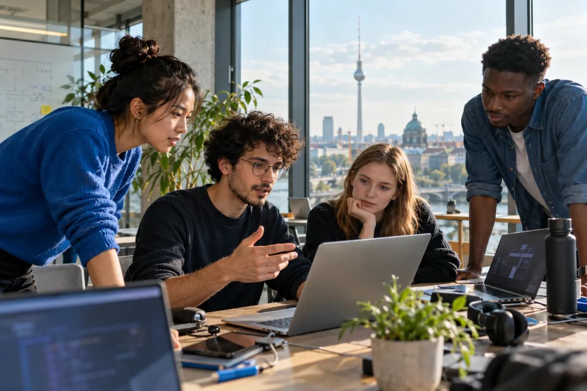 AI-generated concept image of an international software team collaborating in a Berlin office