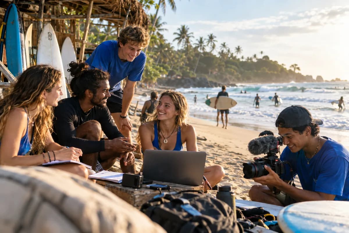 AI-generated concept image of volunteers planning surf lessons and media at a Sri Lankan beach