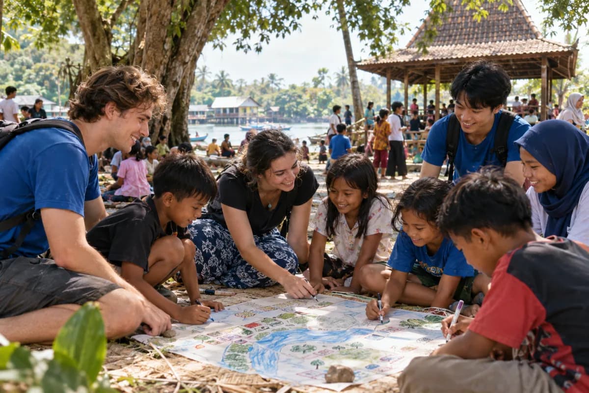 AI-generated concept image of volunteers running community activities with children in an Indonesian park