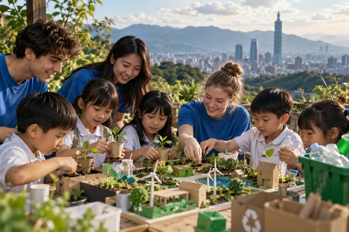 AI-generated concept image of volunteers leading a sustainability activity with schoolchildren in Taiwan