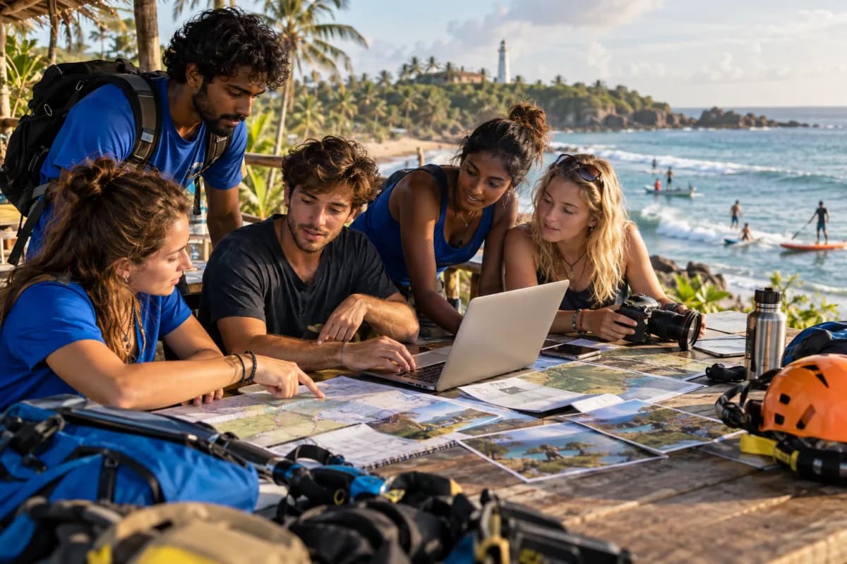 AI-generated concept image of volunteers planning travel content in Sri Lanka